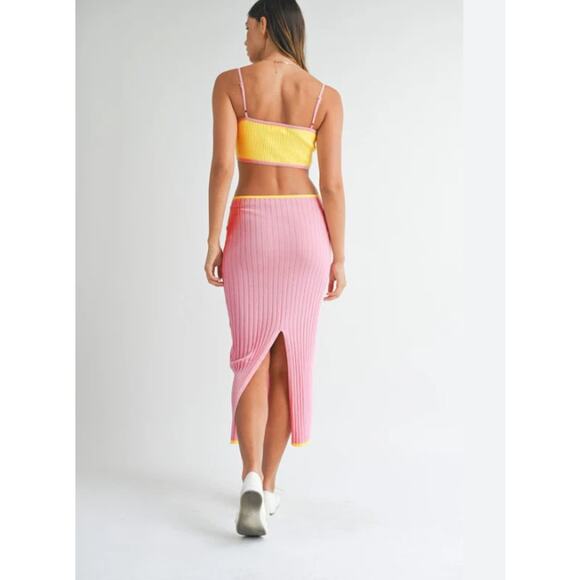 Mable Color Block Cutout Midi Dress Ribbed Pink and Yellow M - Picture 3 of 10